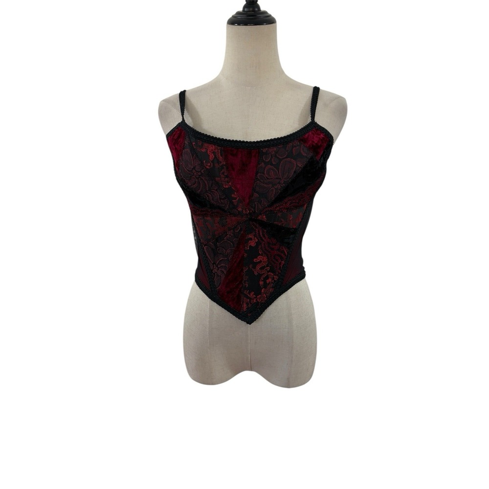 Vtg 90s Catwalk Collection London Corset‎ Top Sz M/L Red Black Velvet Patchwork